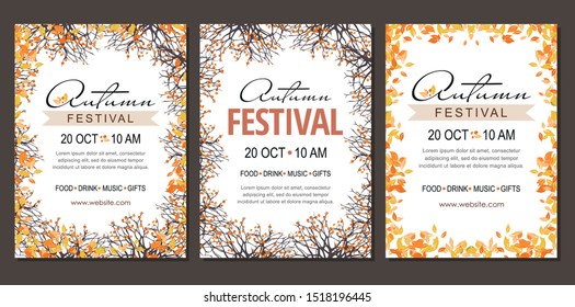 Set Autumn festival flyers, template with branches and berries. Vector illustration