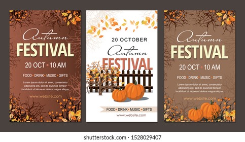 Set Autumn festival flyers, template with pumpkins  branches and berries. Vector Illustration 
