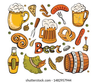 Set for the autumn festival Oktoberfest.Colorful vector hand drawn Doodle cartoon set beer fest themed elements, objects and symbols. Different attributes to decorate the beer Festival. 