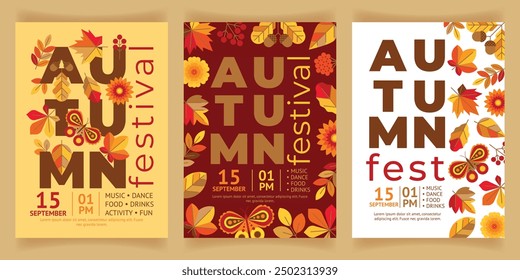 Set of autumn festival poster with bright leaves, butterfly and flower. Beautiful creative flyer template for autumnal festival or event with colorful symbols of nature.