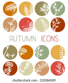 Set of autumn flat icons. Flowers, grass and butterflies silhouettes. Autumn design.