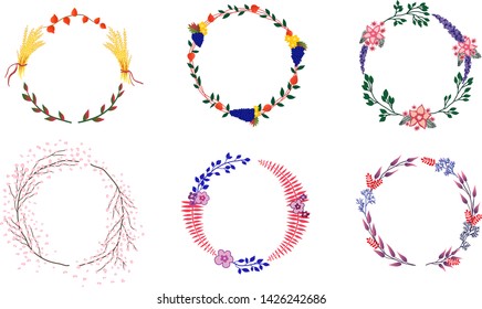 set of autumn and flower wreaths from fantastic plants. Bright multicolored vector collection on a white background. Can be used for wedding invitations, banners, cards, posters, scrapbooking, web BG.