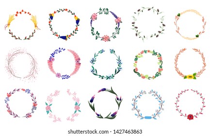 Set of autumn and flower wreaths from fantastic plants. Bright multicolored vector collection on a white background. Can be used for wedding invitations, banners, cards, posters, scrapbooking, web BG.
