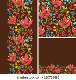 Set of autumn flowers seamless pattern and borders backgrounds