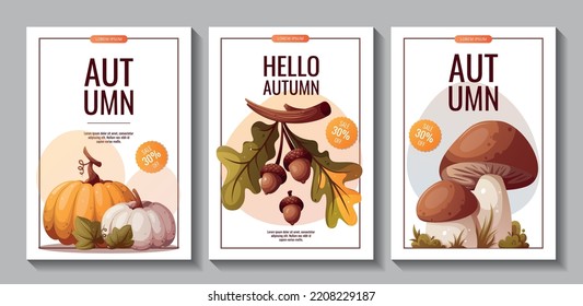 Set of autumn flyers with pumpkins, acorns, mushrooms. Autumn, harvest, thanksgiving day, fall concept. Vector illustration. Banner, flyer, advertising, special offer.