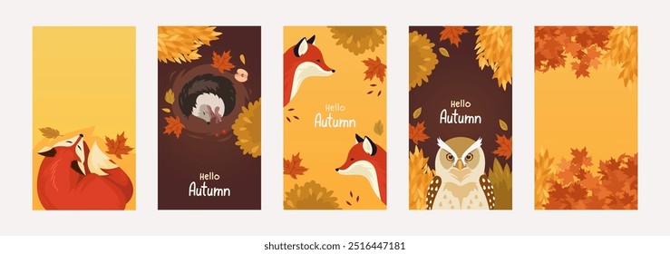Set of autumn flyers. Templates for stories, posters, brochures. Vector cartoon illustration. Fox, owl and hedgehog. Cute animals.