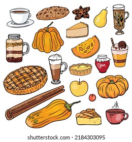 Set von Herbstspeise und -getränk. Kürbis, Kuchen, Käsekuchen, Kekse, Zitronentee, Tasse Tee, Kaffeetasse, Gewürze, Zimt, Anis, Marmelade, Birnen und Apfel. Dessertauswahl