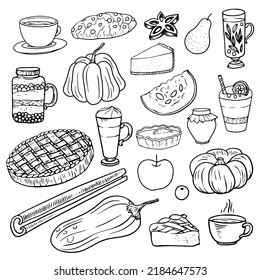 Set of autumn food and drink. Pumpkin, pie, cheesecake, cookie, lemon tart, cup of tea, coffee latte , spices, cinnamon, anise, jam, pear and apple. Black and white linear collection of desserts