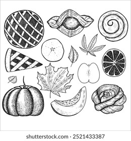 Set with autumn food, pastries, fruits, pumpkin, leaves. Vector illustration