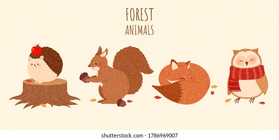 Set of autumn forest animal elements in cute hand drawn design, including owl, fox, squirrel and hedgehog, isolated on yellow background