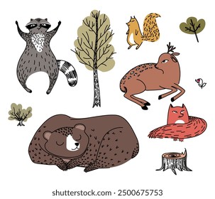 Conjunto de animales y plantas del bosque de otoño dibujados a mano en estilo doodle.