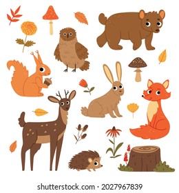 Set of autumn forest animals and plants.Bear, owl, squirrel, fox, deer, hedgehog, hare.Book characters. Flora and fauna.