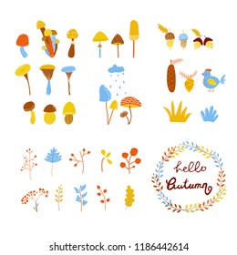 Set of autumn forest elements such as different mushrooms, berries, leaves, cones, acorns and an autumn circle wreath with hand lettering