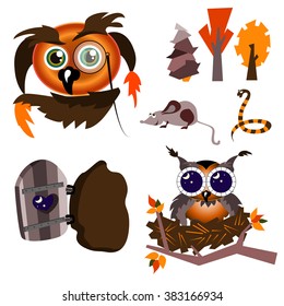 Set of autumn forest. Funny character cartoon owl. Owl, mouse, snake, trees, nest,  hollow. The symbol of reason, knowledge, wisdom. Vector illustration. Isolated on white background.