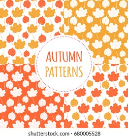 Set of autumn forest patterns vector seamless. Gold tree leaves background. Nature print for seasonal banner, kids wallpaper, natural product package, wrapping paper or thanksgiving card template.