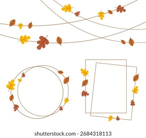 A set of autumn frames with foliage on a white background. Greeting card, banner