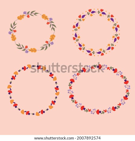  A set of autumn frames in round shape with leaves, flowers and mushrooms in yellow, green, bard, pink.