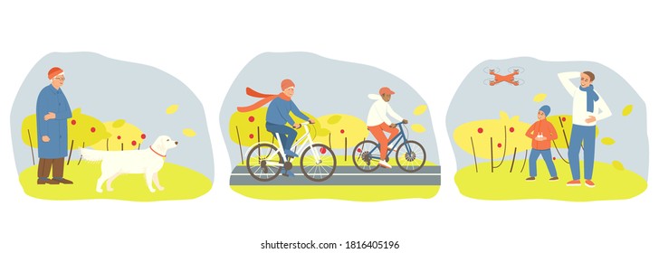 Set of autumn fun in the park. Dad is watching Child playing drone. Dog handler walks Labradors. Grandma rides a bicycle with her grandson. Flat vector illustration.