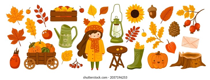 Set of autumn garden elements:  cute girl, apples, pumpkins cart, kerosene lamp, foliage. Fall harvest season collection for card, stickers, prints, wrapping paper. Vector cartoon illustration.