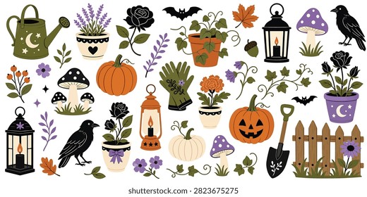 Set of autumn garden elements, pumpkins, lanterns, black roses, mushrooms, ravens, bats, and garden tools, vector illustration