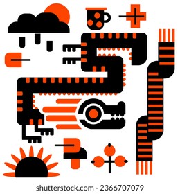 A set of autumn geometric objects and a dragon in orange and black colors. Autumn season rain, scarf, mug, mushroom, leaves, berries, sunflower. Collection of minimalistic elements autumn