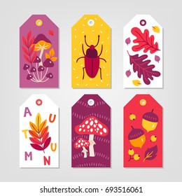 Set of autumn Gift Tags with mushroom, bug, leaves, acorn, berry in White, Red, Yellow, Orange and Violet. Perfect for holiday greetings