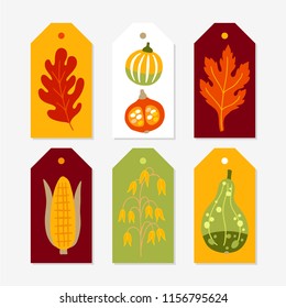 Set of autumn Gift Tags with pumpkins, corn, oat and leaves