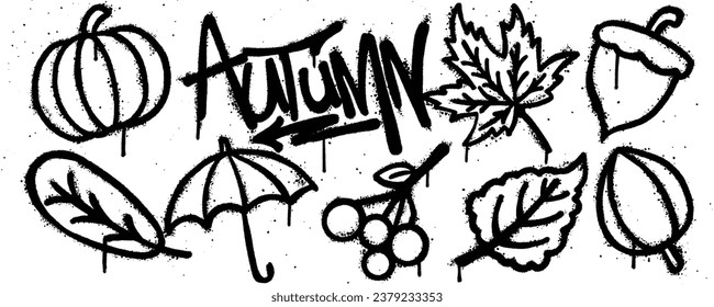 Set Autumn graffiti spray paint. Collection of pumpkin, autumn leaves, nuts, leaves, umbrella Isolated Vector