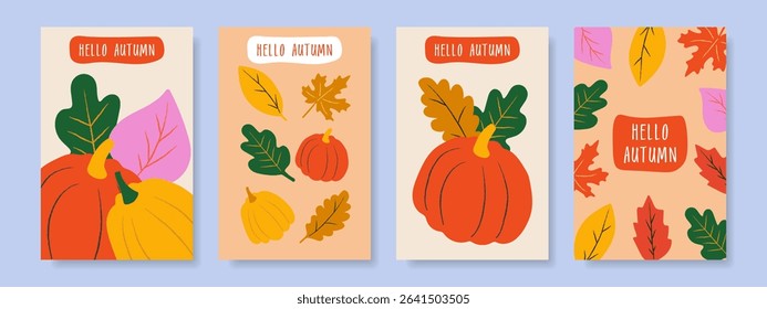Set of autumn greeting backgrounds, posters, covers with bright leaves. Autumn print, flyer design, template for advertising, social networks. Vector.