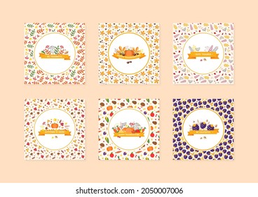 Set of autumn greeting card templates. Fall floral illustrations on a background of autumn leaves, flowers and berries. Seasonal vector illustration for holiday celebration.