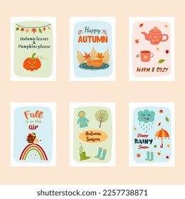 Set of autumn greeting cards. Cozy quotes and cute things. Print as a card or a cozy poster. Autumn, harvest festival, thanksgiving day, cozy season, halloween concept.