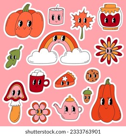 Set autumn groovy stickers. Fall elements in 70s-80s style. Pumpkins, flowers, mushroom, rainbow, pumpkin pie, cocoa mug, cookies, leaf, teapot, jam and candle. Vector cartoon illustration for print.