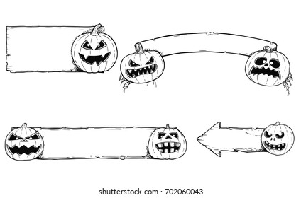 Set of autumn halloween frames and empty signs with hand drawing funny and scary cartoon pumpkin illustrations.