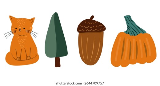 Set of autumn hand drawn cat, ancor, pumpkin and tree.