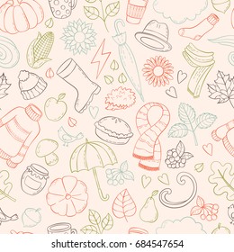 Set autumn hand drawn doodle illustrations. Background, template, backdrop, wallpaper, Icon collection, Seamless pattern