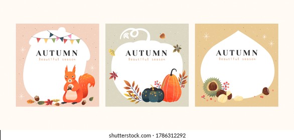 Set of autumn hand drawn illustrations with copyspace, applicable to card, cover and social media post