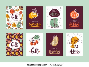 Set of autumn hand lettering cards. Design for poster, card, invitation, placard, brochure, flyer. Vector templates.