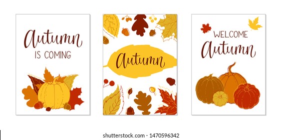 Set of autumn handdrawn lettering cards. Template for poster, card, invitation, placard, brochure, flyer.