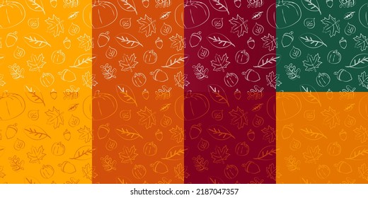 Set of Autumn hand-drawn pattern on assorted fall colors. Autumn leaves, maple leaves, acorn, pumpkin. Fall pattern vector illustration. EPS 10.