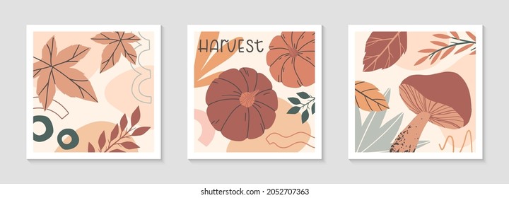 Set of autumn harvest fest abstract decorative prints with pumpkins,mushrooms,organic shapes,maple foliage.Modern local food fest design.Agricultural fair.Trendy fall seasonal vector illustrations.