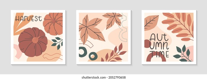 Set of autumn harvest fest abstract decorative prints with pumpkins,organic various shapes,maple foliage.Modern local food fest design.Agricultural fair.Trendy fall seasonal vector illustrations.