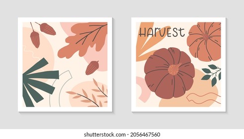 Set of autumn harvest fest abstract decorative prints with pumpkins,organic various shapes and lettering.Modern local food fest design.Agricultural fair.Trendy fall seasonal vector illustrations.