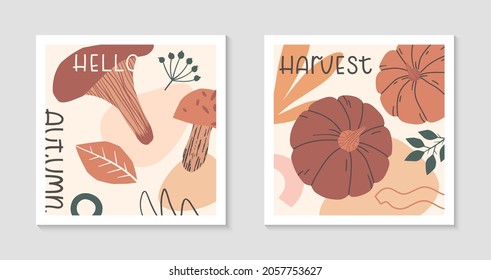 Set of autumn harvest fest abstract decorative prints with pumpkins,organic various shapes and lettering.Modern local food fest design.Agricultural fair.Trendy fall seasonal vector illustrations.