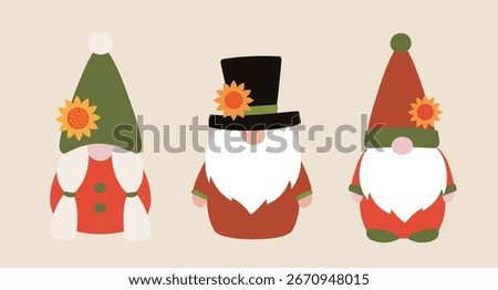 Set of autumn harvest gnome element design.
Fall gnome wearing a sunflower flower on his hat.
Thanksgiving gnome flat stock vector illustration.
For harvest festival, Thanksgiving. 
