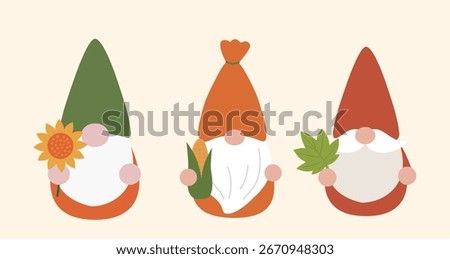Set of autumn harvest gnome element design.
Fall gnome holds a sunflower, corn and maple leaf in his hands.
Thanksgiving gnome flat stock vector illustration.
For harvest festival, Thanksgiving. 

