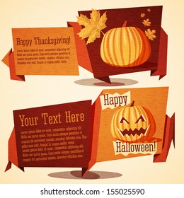 Set of autumn holidays banners: Halloween and Thanksgiving Day. With pumpkins, in autumn colors on origami speech bubbles. Vector