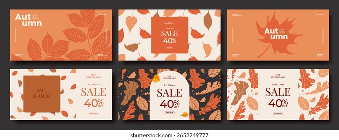 Set of Autumn horizontal background with abstract autumn leaves. Modern fall  minimalist design template for sale, poster, flyer, header, cover, social media, fashion ads