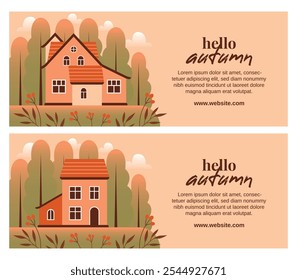 Set of autumn horizontal banners with vector village landscape. Design of header, footer for website, advertisement with house, forest, countryside, nature in flat style. Hello autumn. Card with text.