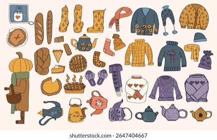 A set of autumn and hygge clothing and food graphic elements.