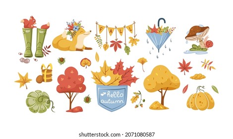 Set of autumn icon. Traditional fall attributes. Dry garden trees, yellow foliage, mushrooms, rubber boots, animals, seasonal harvest, umbrella, vegetable, pumpkin, seasonal harvest flat vector
